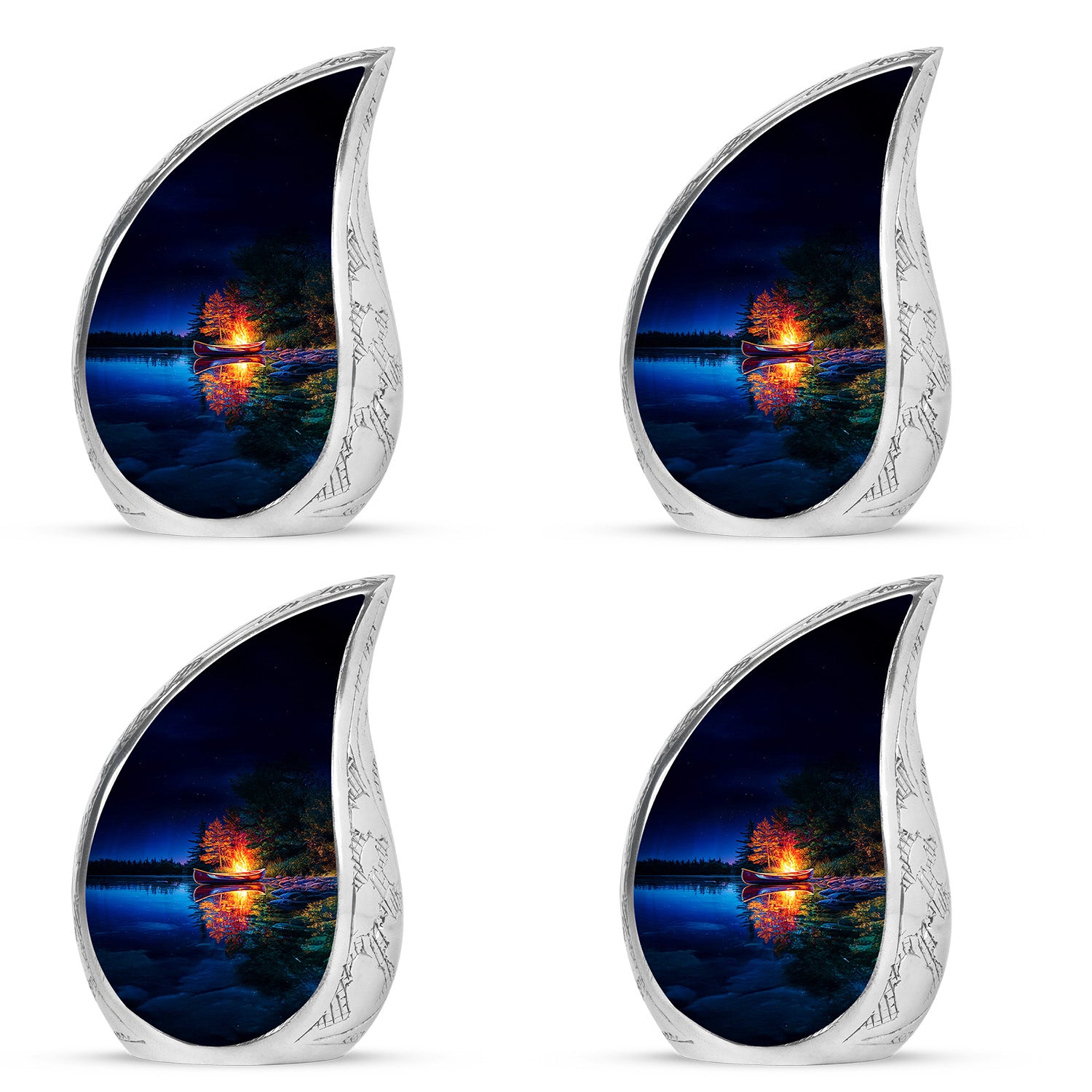 Cobalt Blue Campfire Cremation Urn close-up of engraving and surface detail - smooth teardrop contour featuring campfire art - 10 inch aluminum urn for cremated remains