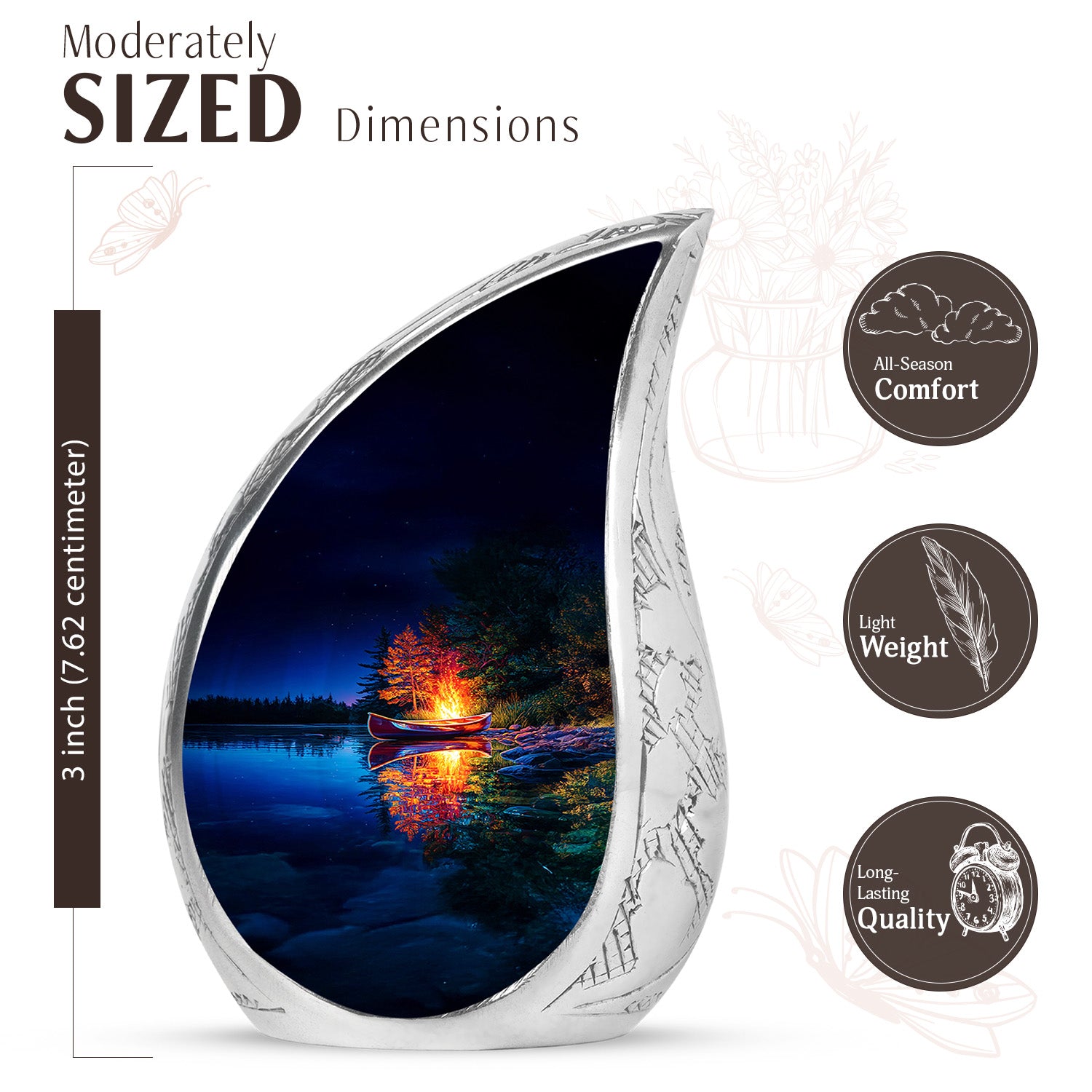 Dusty Blue Campfire Cremation Urn angled view of lid and engraved motif - rounded teardrop campfire design with delicate detail - mini keepsake memorial for portion of cremation ashes