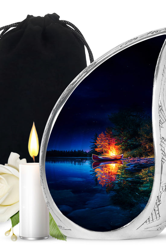 Bright Blue Campfire Cremation Urn front view showing detailed design - graceful tear-shaped urn with campfire motif - full-size 10 inch 200 cubic inch adult cremation urn