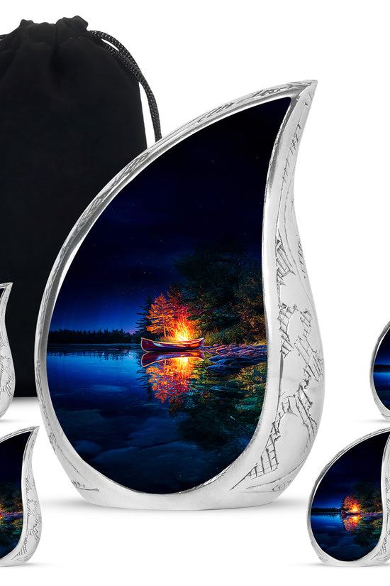 Cornflower Blue Campfire Cremation Urn side profile showing urn shape - smooth teardrop contour featuring campfire art - memorial set with one large and four small urns