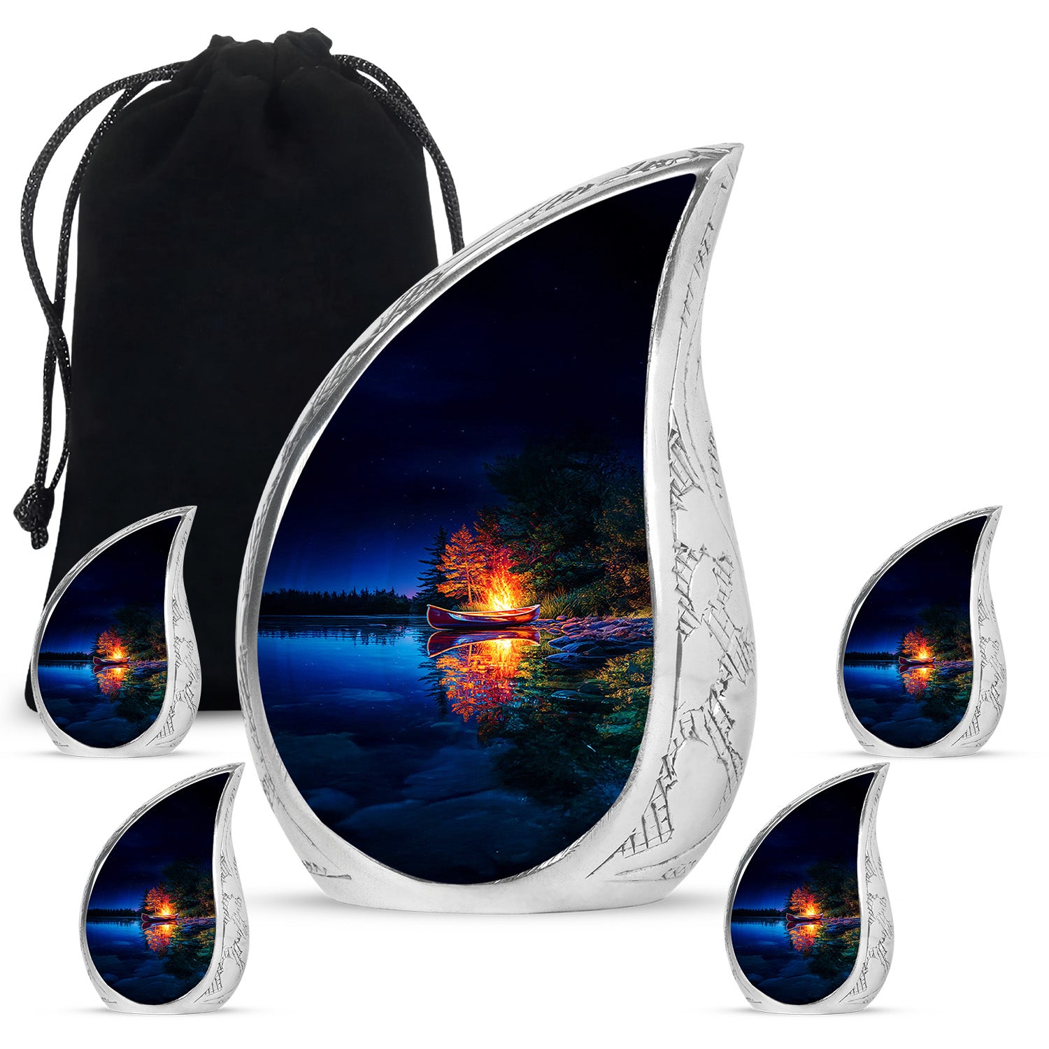 Cornflower Blue Campfire Cremation Urn side profile showing urn shape - smooth teardrop contour featuring campfire art - memorial set with one large and four small urns