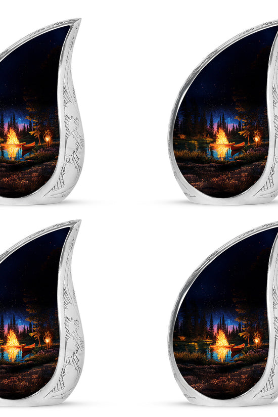 Onyx Black Campfire Cremation Urn close-up of engraving and surface detail - graceful tear-shaped urn with campfire motif - 10 inch aluminum urn for cremated remains