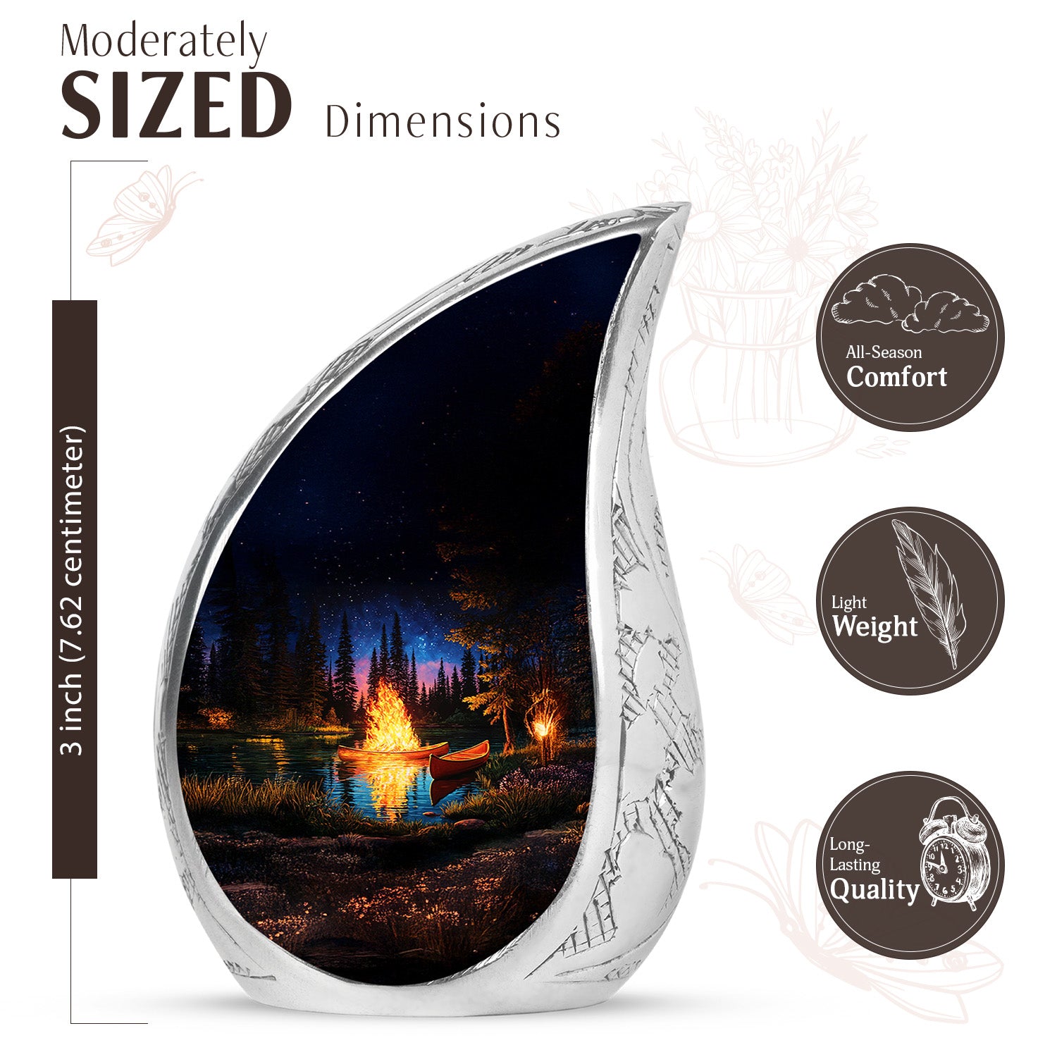Midnight Black Campfire Cremation Urn angled view of lid and engraved motif - smooth teardrop contour featuring campfire art - mini keepsake memorial for portion of cremation ashes