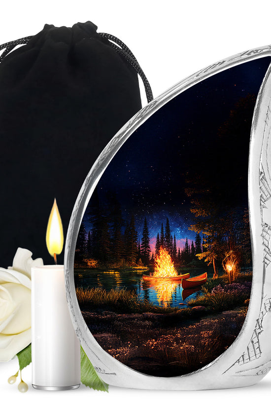 Onyx Black Campfire Cremation Urn front view showing detailed design - graceful tear-shaped urn with campfire motif - full-size 10 inch 200 cubic inch adult cremation urn