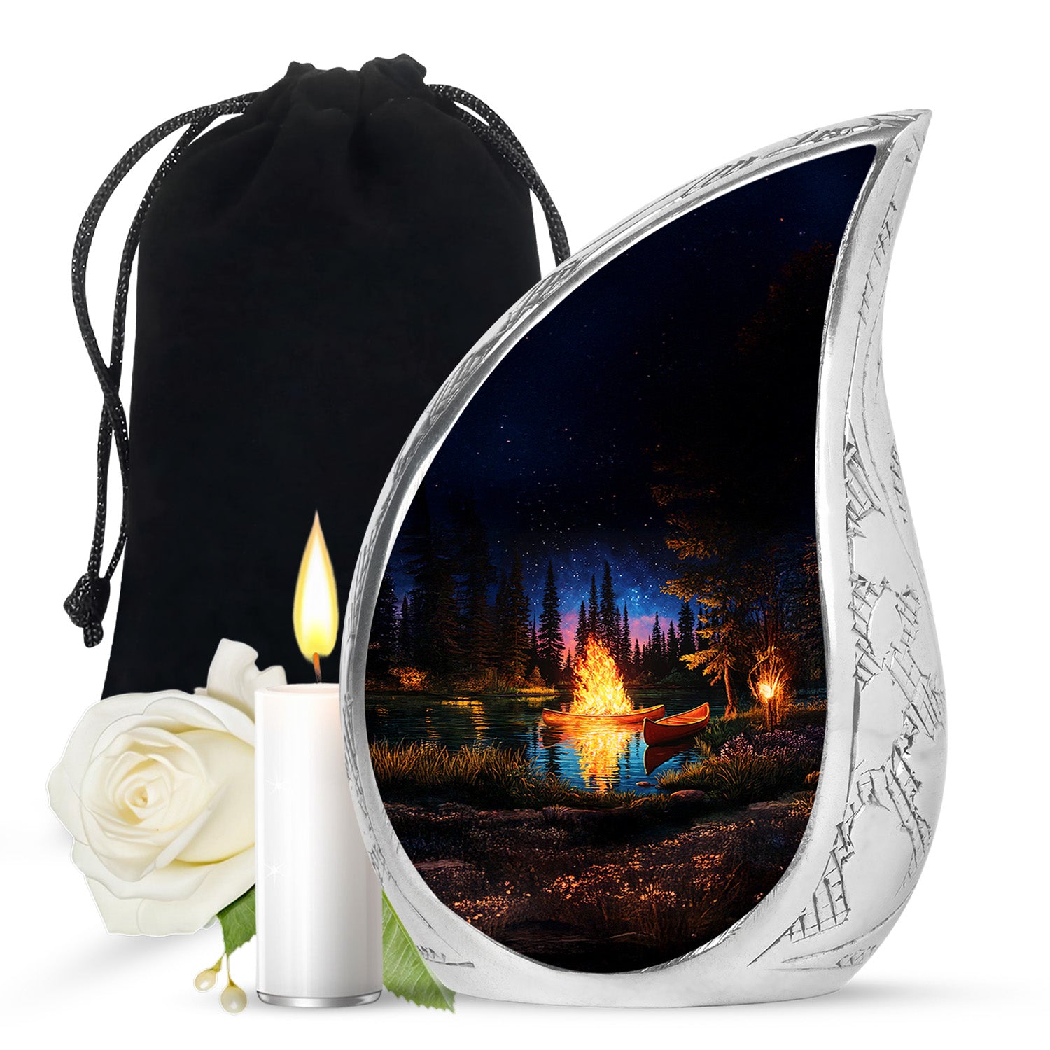 Onyx Black Campfire Cremation Urn front view showing detailed design - graceful tear-shaped urn with campfire motif - full-size 10 inch 200 cubic inch adult cremation urn