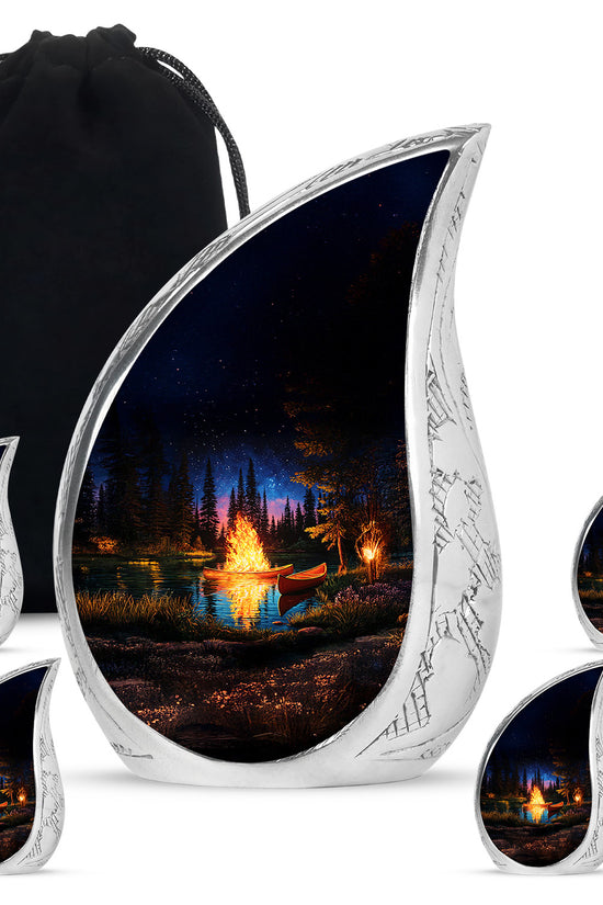 Obsidian Black Campfire Cremation Urn side profile showing urn shape - graceful tear-shaped urn with campfire motif - memorial set with one large and four small urns
