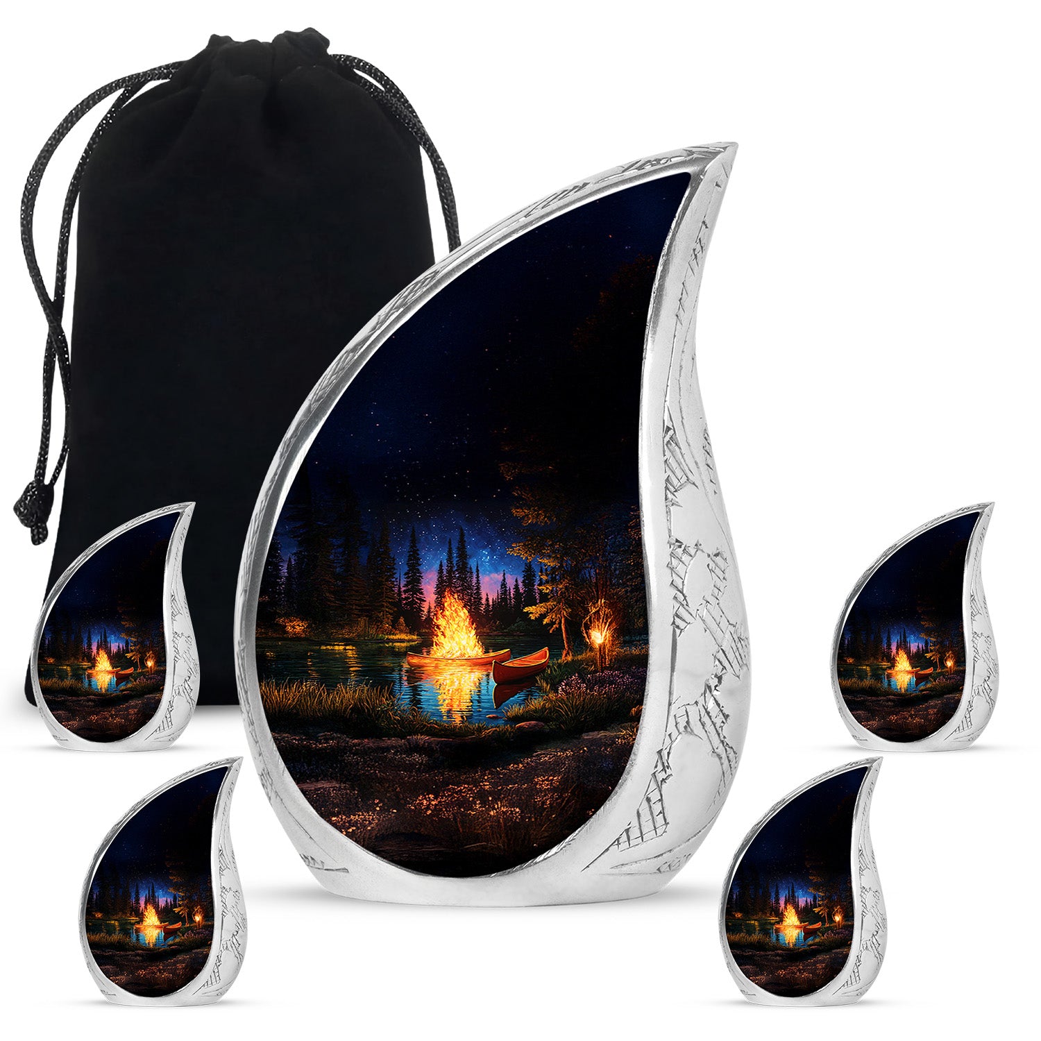 Obsidian Black Campfire Cremation Urn side profile showing urn shape - graceful tear-shaped urn with campfire motif - memorial set with one large and four small urns