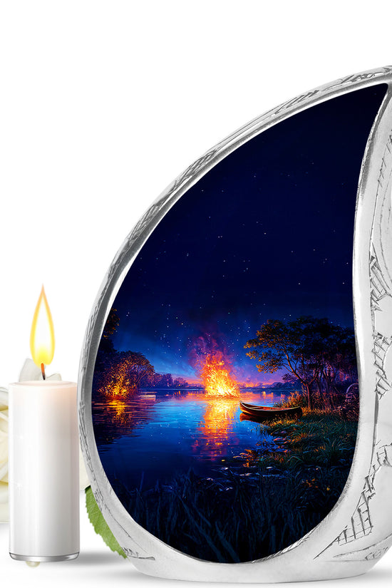 Personalized Blue Steadfast Campfire Cremation Urns for Human Ashes - 10-inch, 200 cu in - Karyliz