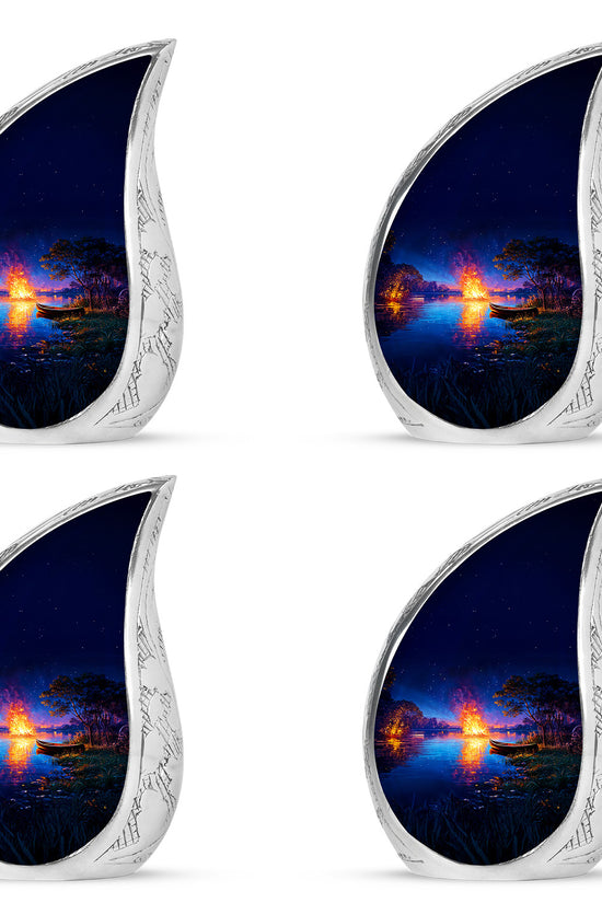 Powder Blue Campfire Cremation Urn close-up of engraving and surface detail - flowing teardrop campfire silhouette on curved aluminum - 10 inch aluminum urn for cremated remains