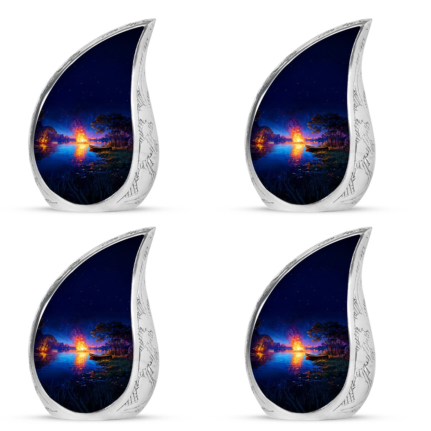 Powder Blue Campfire Cremation Urn close-up of engraving and surface detail - flowing teardrop campfire silhouette on curved aluminum - 10 inch aluminum urn for cremated remains