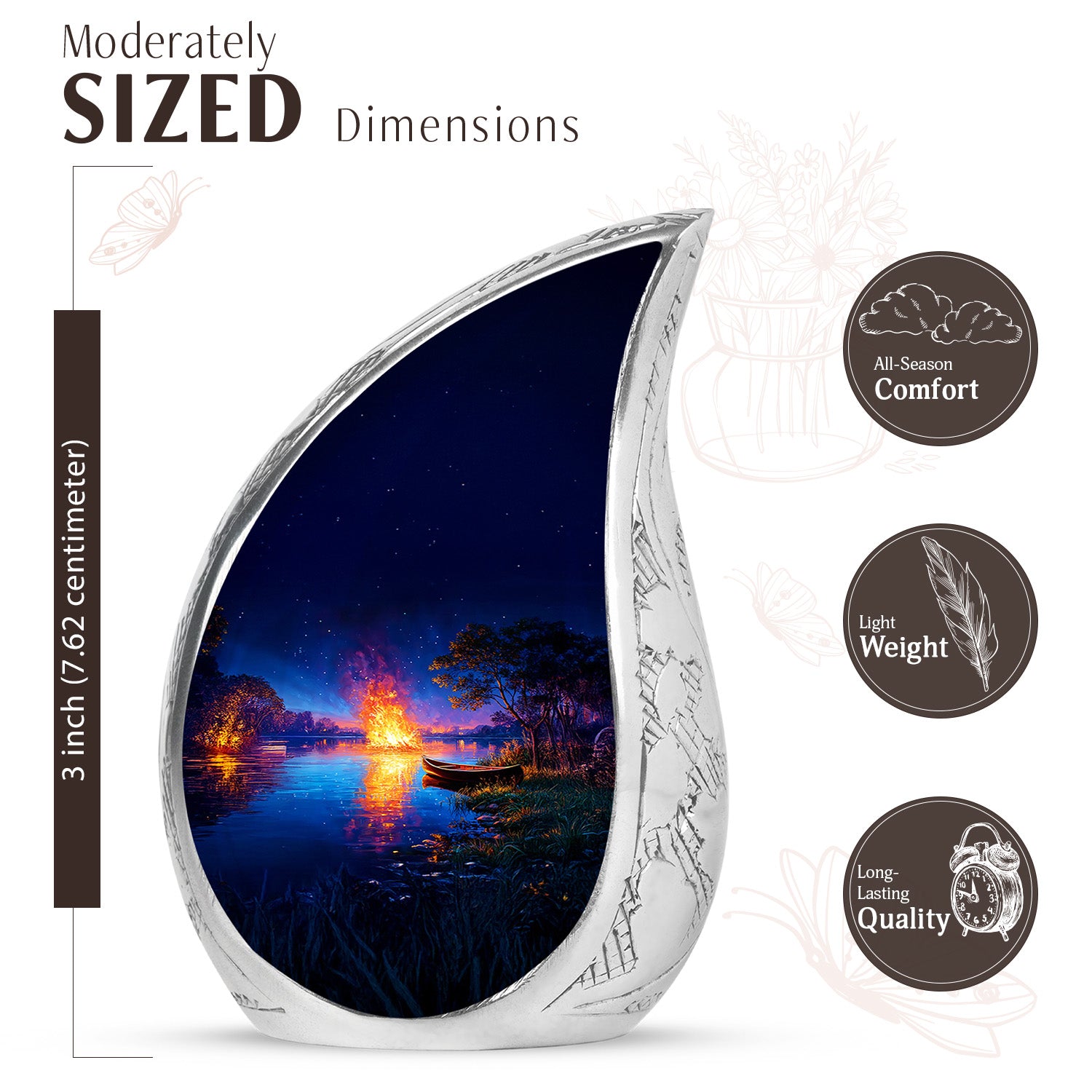 Icy Blue Campfire Cremation Urn angled view of lid and engraved motif - flowing teardrop campfire silhouette on curved aluminum - mini keepsake memorial for portion of cremation ashes
