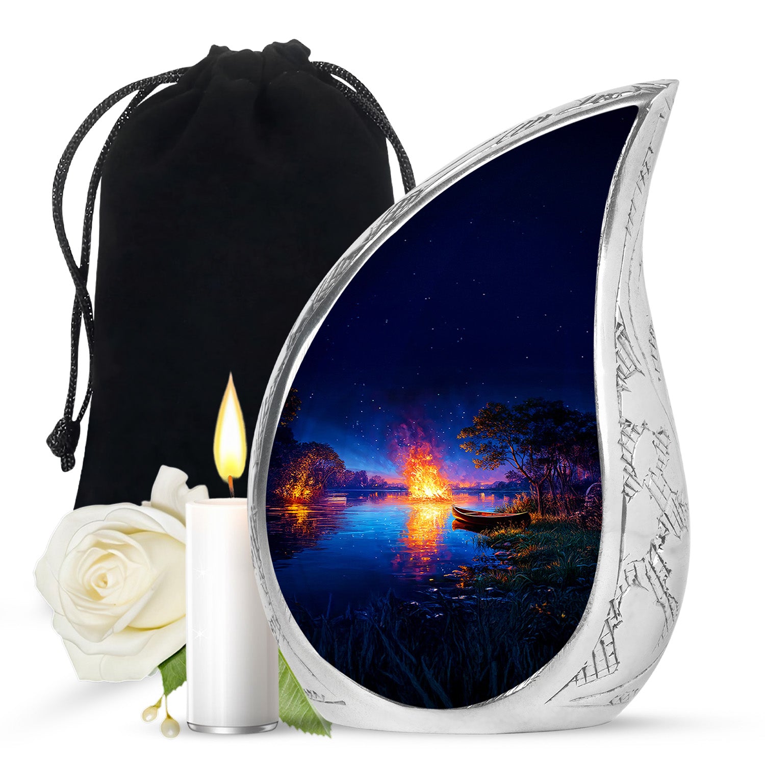 Pastel Blue Campfire Cremation Urn front view showing detailed design - flowing teardrop campfire silhouette on curved aluminum - full-size 10 inch 200 cubic inch adult cremation urn