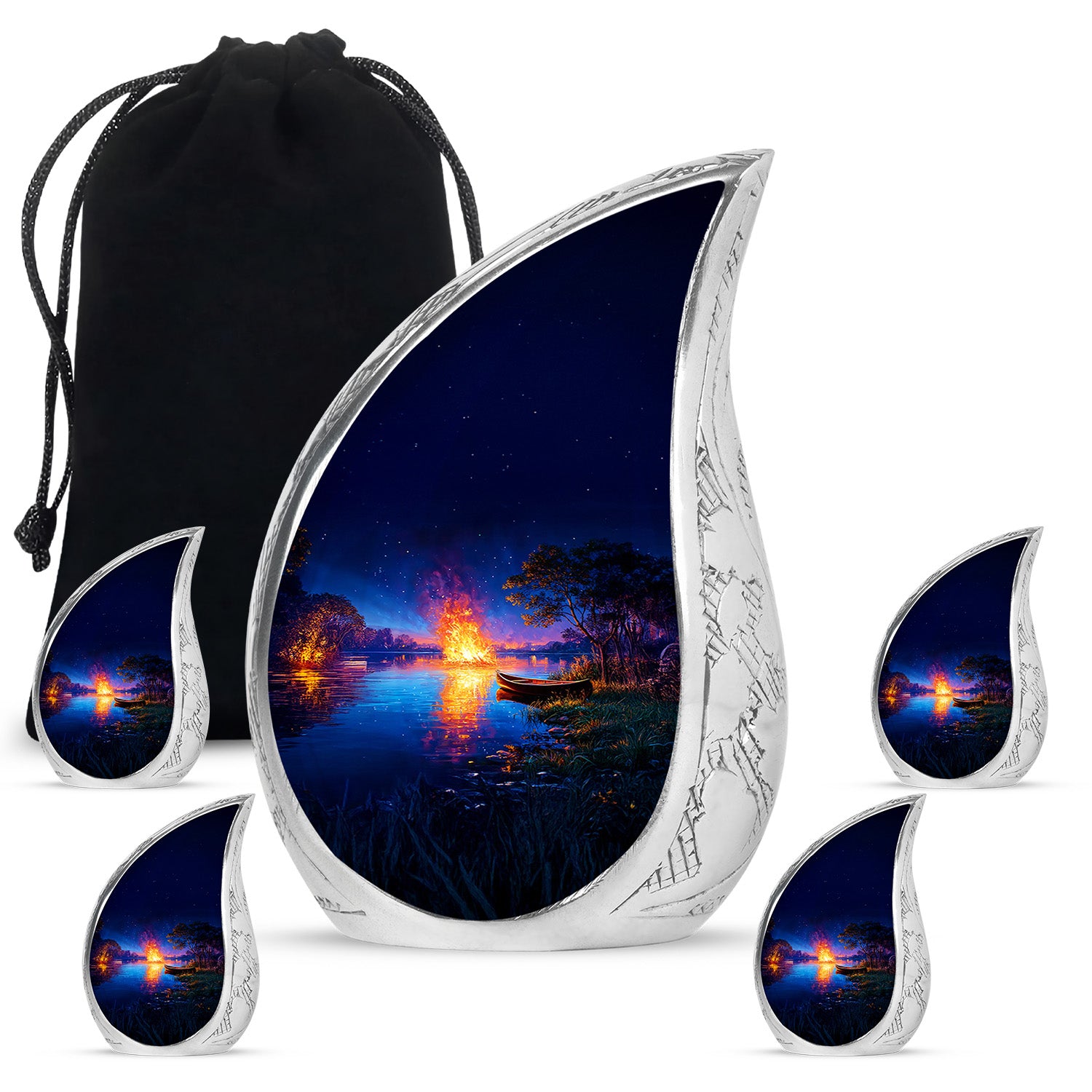 Powder Blue Campfire Cremation Urn side profile showing urn shape - rounded teardrop campfire design with delicate detail - memorial set with one large and four small urns