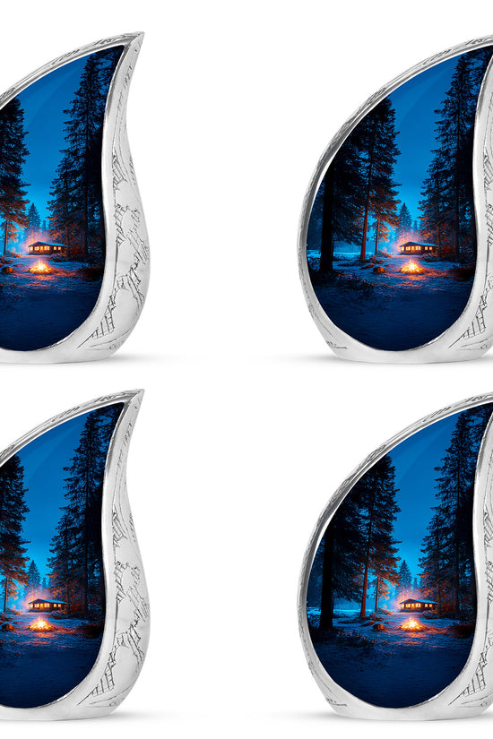 Twilight Blue Campfire Cremation Urn close-up of engraving and surface detail - smooth teardrop contour featuring campfire art - 10 inch aluminum urn for cremated remains