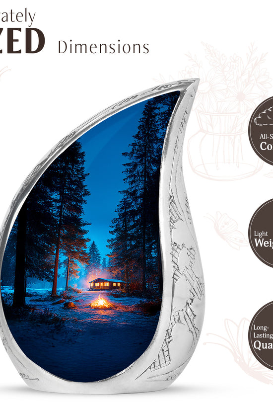 Navy Blue Campfire Cremation Urn angled view of lid and engraved motif - rounded teardrop campfire design with delicate detail - mini keepsake memorial for portion of cremation ashes