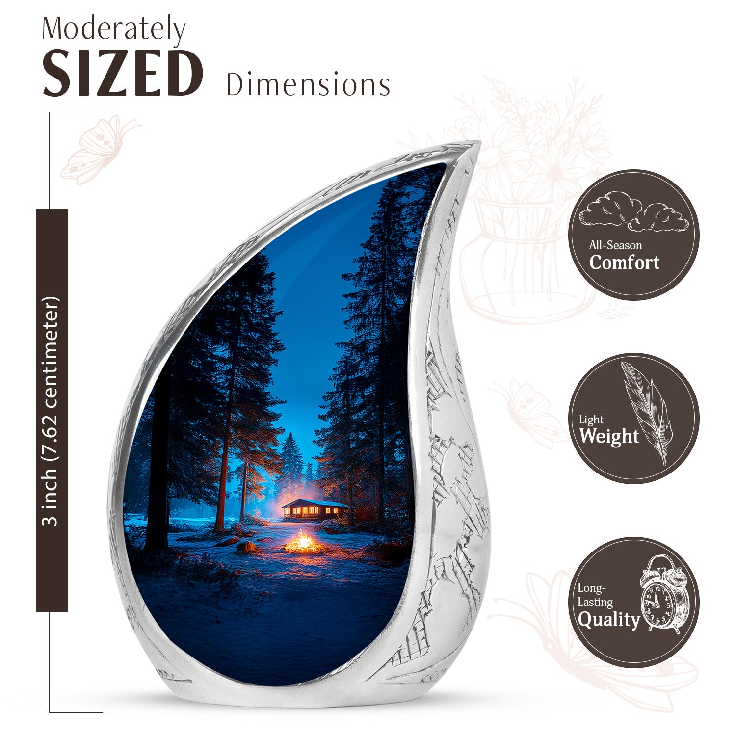 Navy Blue Campfire Cremation Urn angled view of lid and engraved motif - rounded teardrop campfire design with delicate detail - mini keepsake memorial for portion of cremation ashes