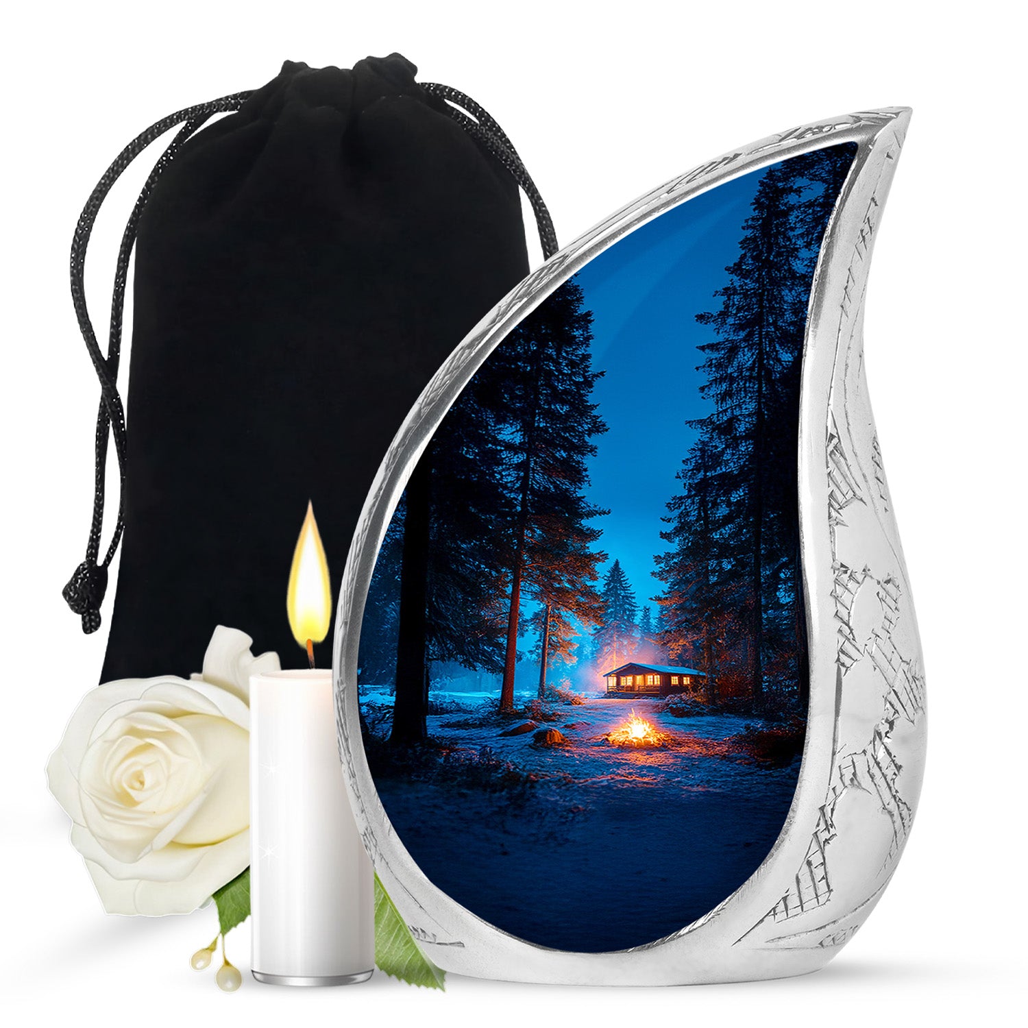 Powder Blue Campfire Cremation Urn front view showing detailed design - flowing teardrop campfire silhouette on curved aluminum - full-size 10 inch 200 cubic inch adult cremation urn