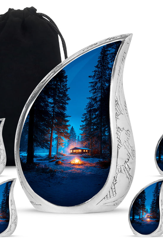 Azure Campfire Cremation Urn side profile showing urn shape - rounded teardrop campfire design with delicate detail - memorial set with one large and four small urns