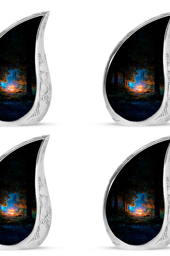 Obsidian Black Campfire Cremation Urn close-up of engraving and surface detail - graceful tear-shaped urn with campfire motif - 10 inch aluminum urn for cremated remains