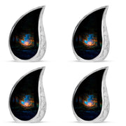 Obsidian Black Campfire Cremation Urn close-up of engraving and surface detail - graceful tear-shaped urn with campfire motif - 10 inch aluminum urn for cremated remains