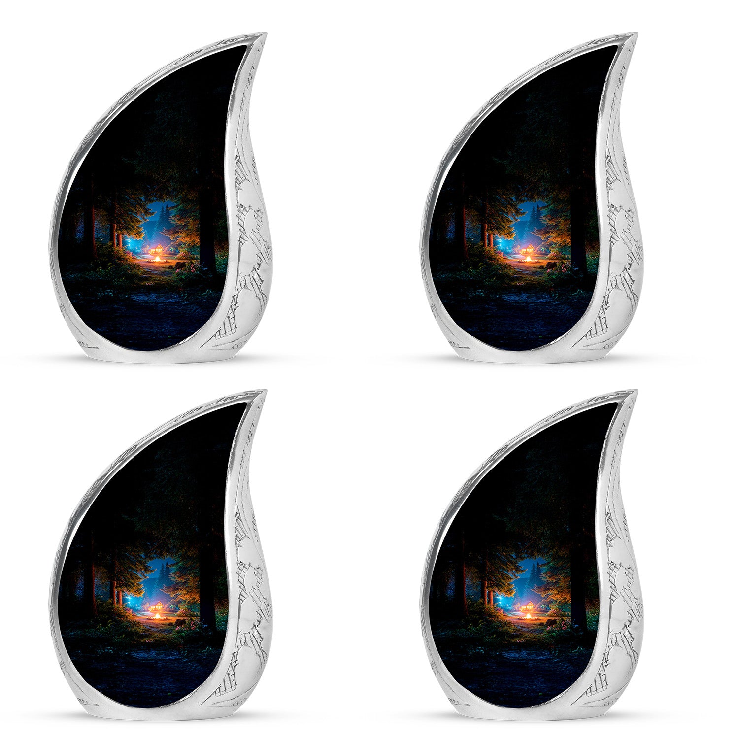 Obsidian Black Campfire Cremation Urn close-up of engraving and surface detail - graceful tear-shaped urn with campfire motif - 10 inch aluminum urn for cremated remains