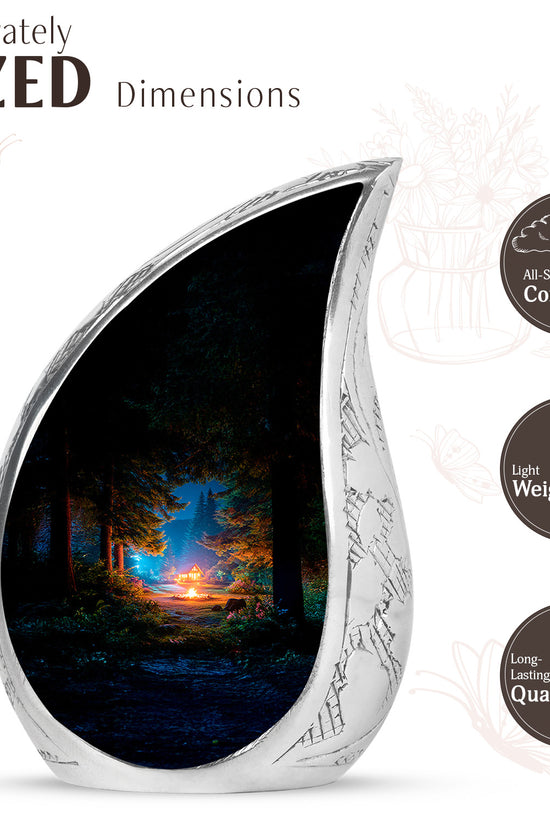 Dark Black Campfire Cremation Urn angled view of lid and engraved motif - smooth teardrop contour featuring campfire art - mini keepsake memorial for portion of cremation ashes