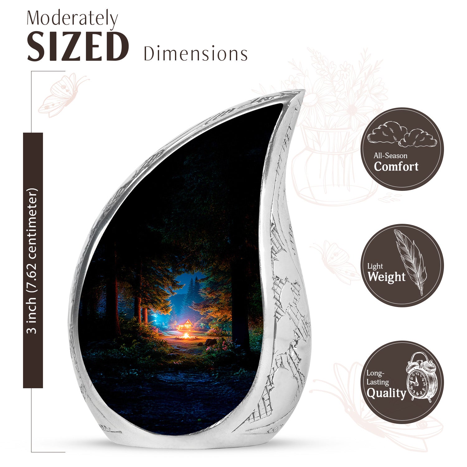 Dark Black Campfire Cremation Urn angled view of lid and engraved motif - smooth teardrop contour featuring campfire art - mini keepsake memorial for portion of cremation ashes