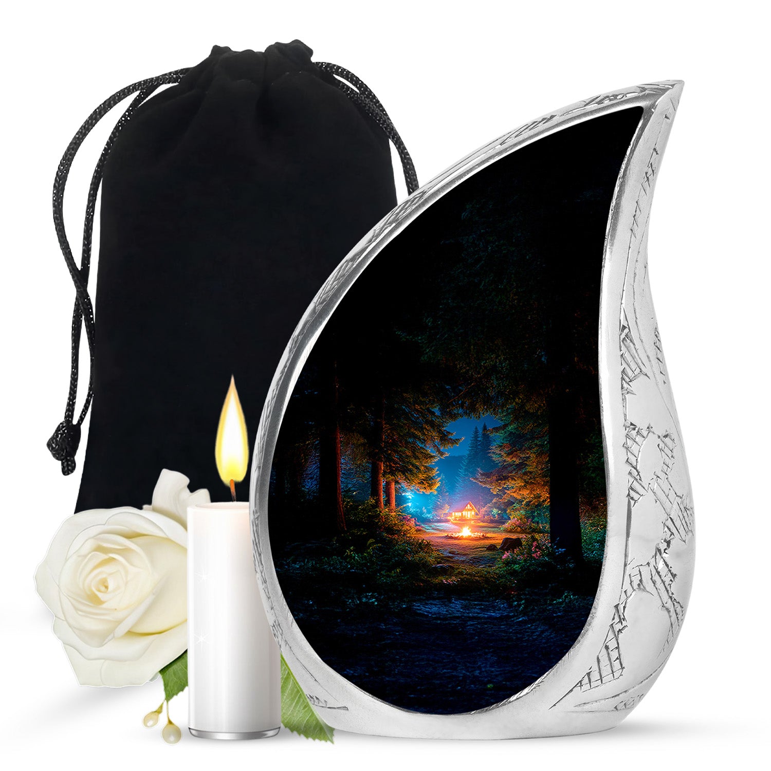 Deep Black Campfire Cremation Urn front view showing detailed design - flowing teardrop campfire silhouette on curved aluminum - full-size 10 inch 200 cubic inch adult cremation urn