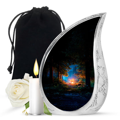 Deep Black Campfire Cremation Urn front view showing detailed design - flowing teardrop campfire silhouette on curved aluminum - full-size 10 inch 200 cubic inch adult cremation urn
