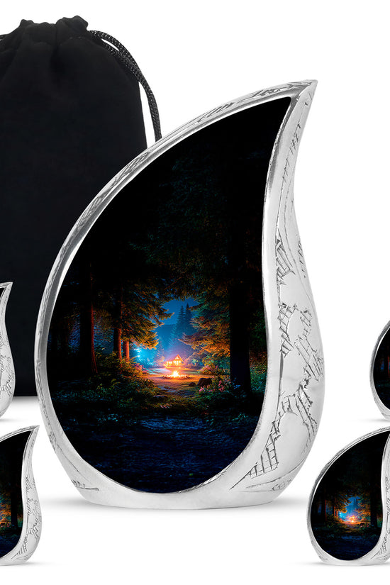 Obsidian Black Campfire Cremation Urn side profile showing urn shape - graceful tear-shaped urn with campfire motif - memorial set with one large and four small urns