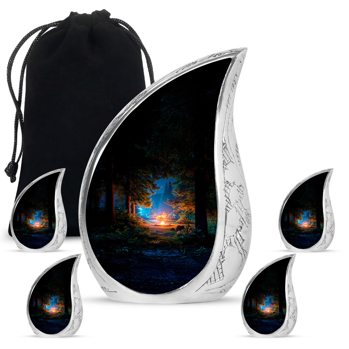 Obsidian Black Campfire Cremation Urn side profile showing urn shape - graceful tear-shaped urn with campfire motif - memorial set with one large and four small urns