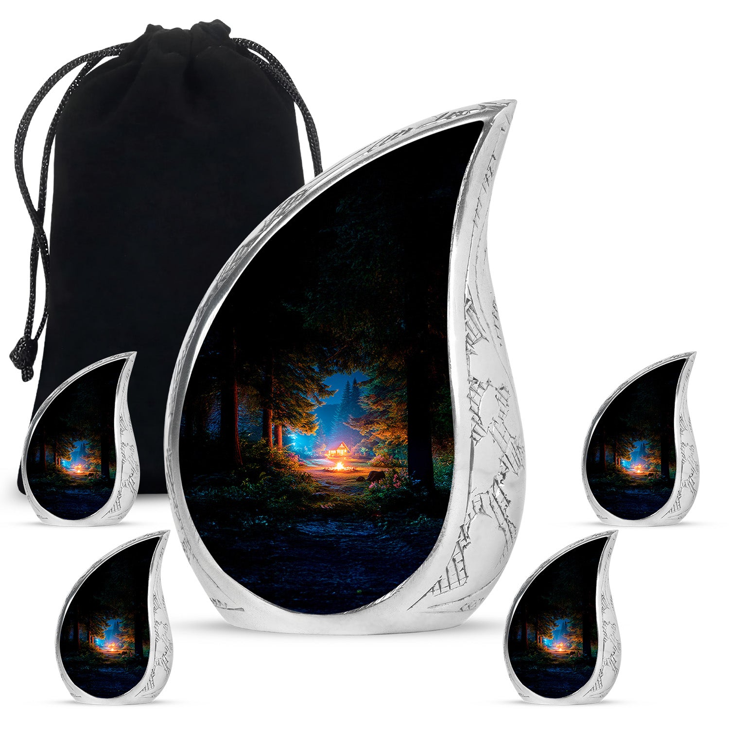 Obsidian Black Campfire Cremation Urn side profile showing urn shape - graceful tear-shaped urn with campfire motif - memorial set with one large and four small urns