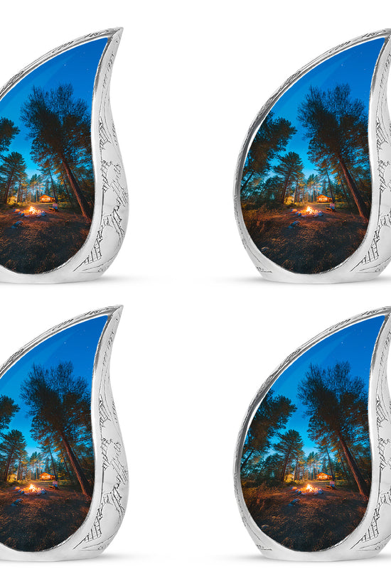 Serene Blue Campfire Cremation Urn close-up of engraving and surface detail - graceful tear-shaped urn with campfire motif - 10 inch aluminum urn for cremated remains