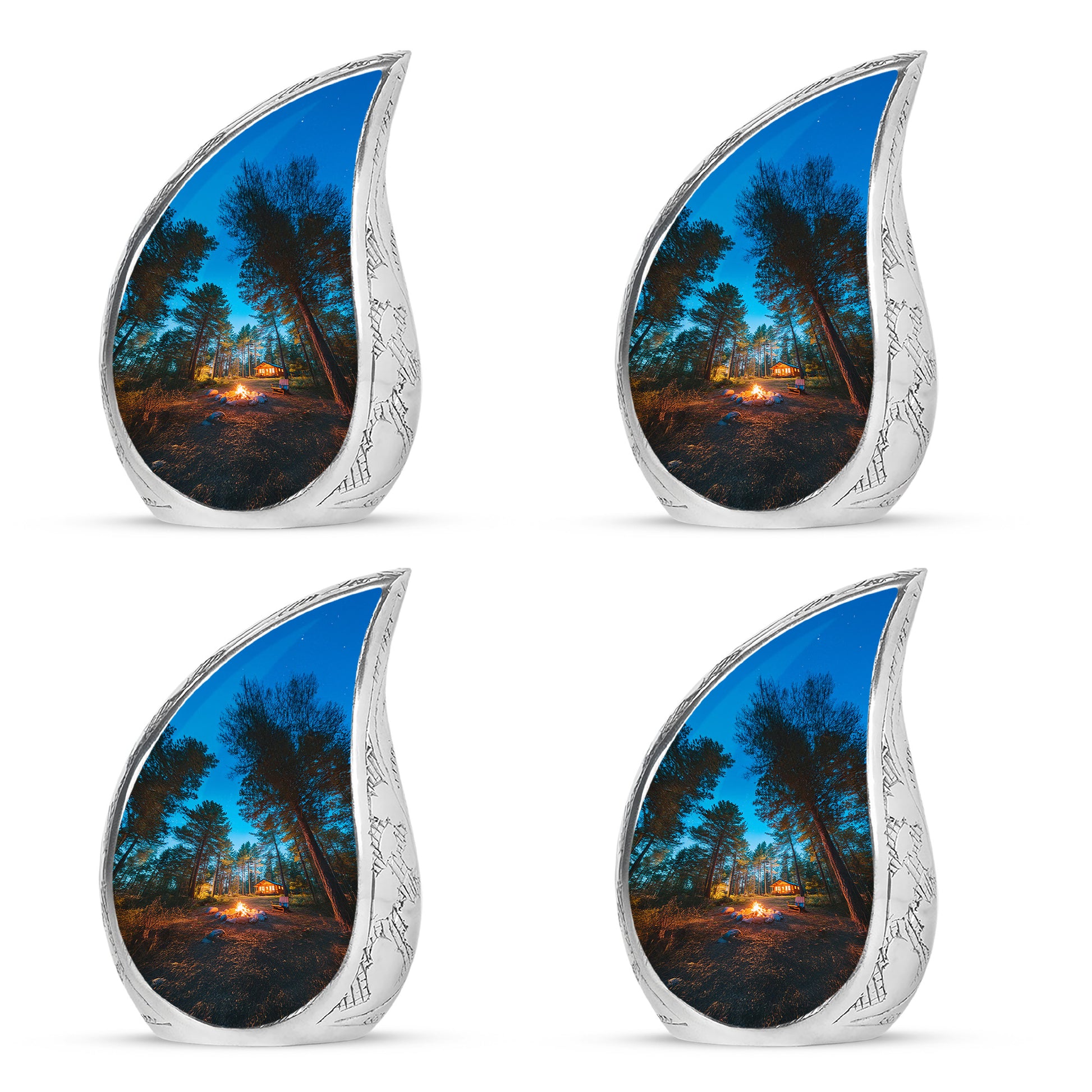 Serene Blue Campfire Cremation Urn close-up of engraving and surface detail - graceful tear-shaped urn with campfire motif - 10 inch aluminum urn for cremated remains