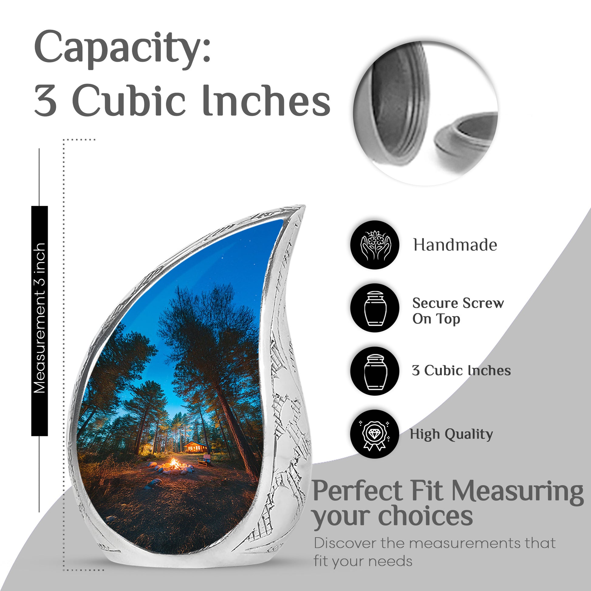 Dusty Blue Campfire Cremation Urn angled view of lid and engraved motif - flowing teardrop campfire silhouette on curved aluminum - mini keepsake memorial for portion of cremation ashes