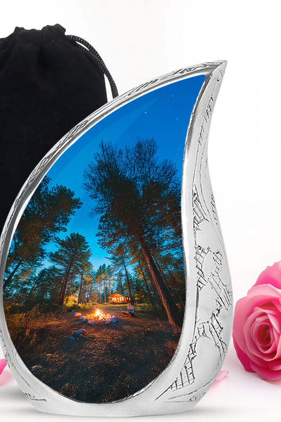 Navy Blue Campfire Cremation Urn front view showing detailed design - rounded teardrop campfire design with delicate detail - full-size 10 inch 200 cubic inch adult cremation urn