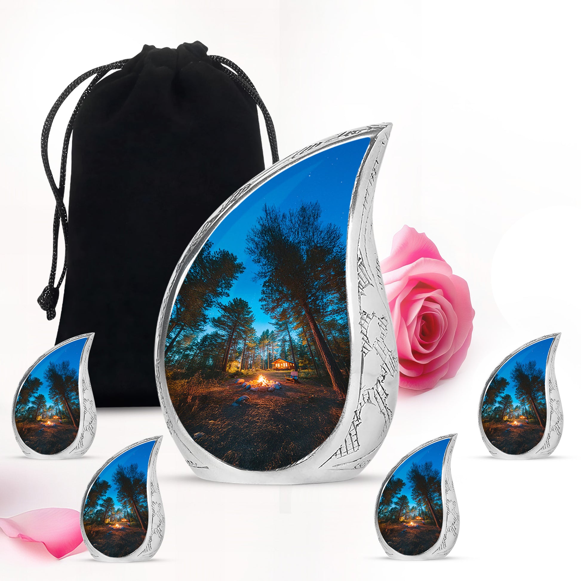 Calming Blue Campfire Cremation Urn side profile showing urn shape - graceful tear-shaped urn with campfire motif - memorial set with one large and four small urns