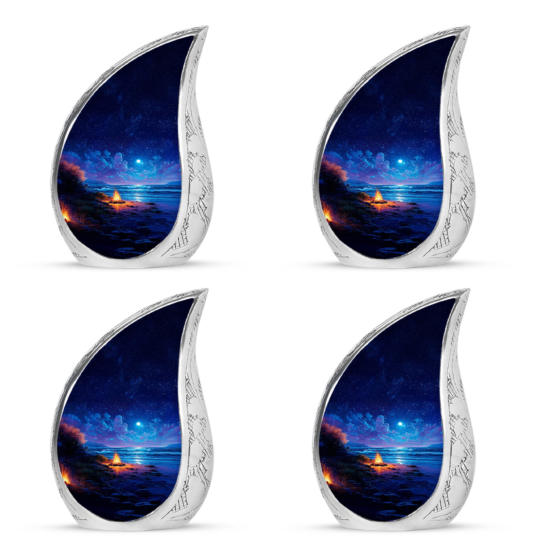 Twilight Blue Campfire Cremation Urn close-up of engraving and surface detail - graceful tear-shaped urn with campfire motif - 10 inch aluminum urn for cremated remains