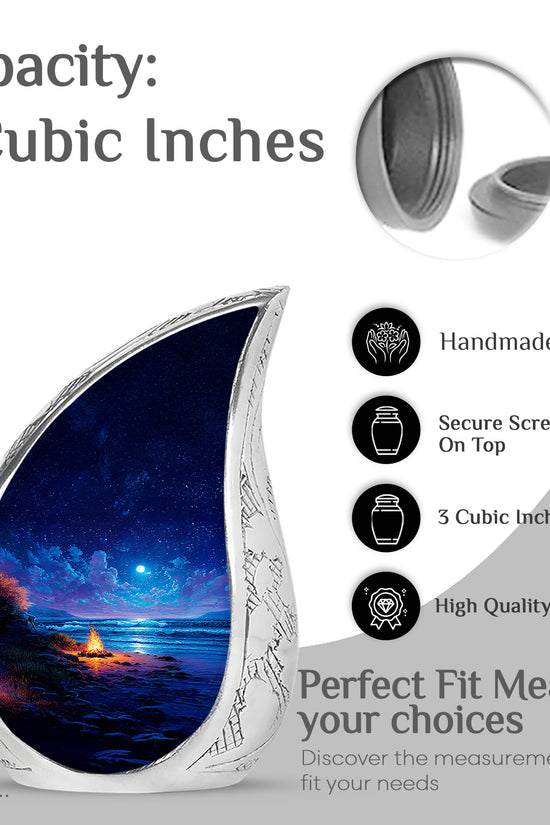 Twilight Blue Campfire Cremation Urn angled view of lid and engraved motif - graceful tear-shaped urn with campfire motif - mini keepsake memorial for portion of cremation ashes