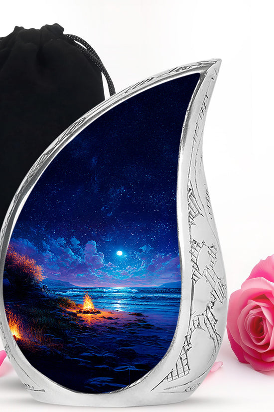 Calming Blue Campfire Cremation Urn front view showing detailed design - graceful tear-shaped urn with campfire motif - full-size 10 inch 200 cubic inch adult cremation urn