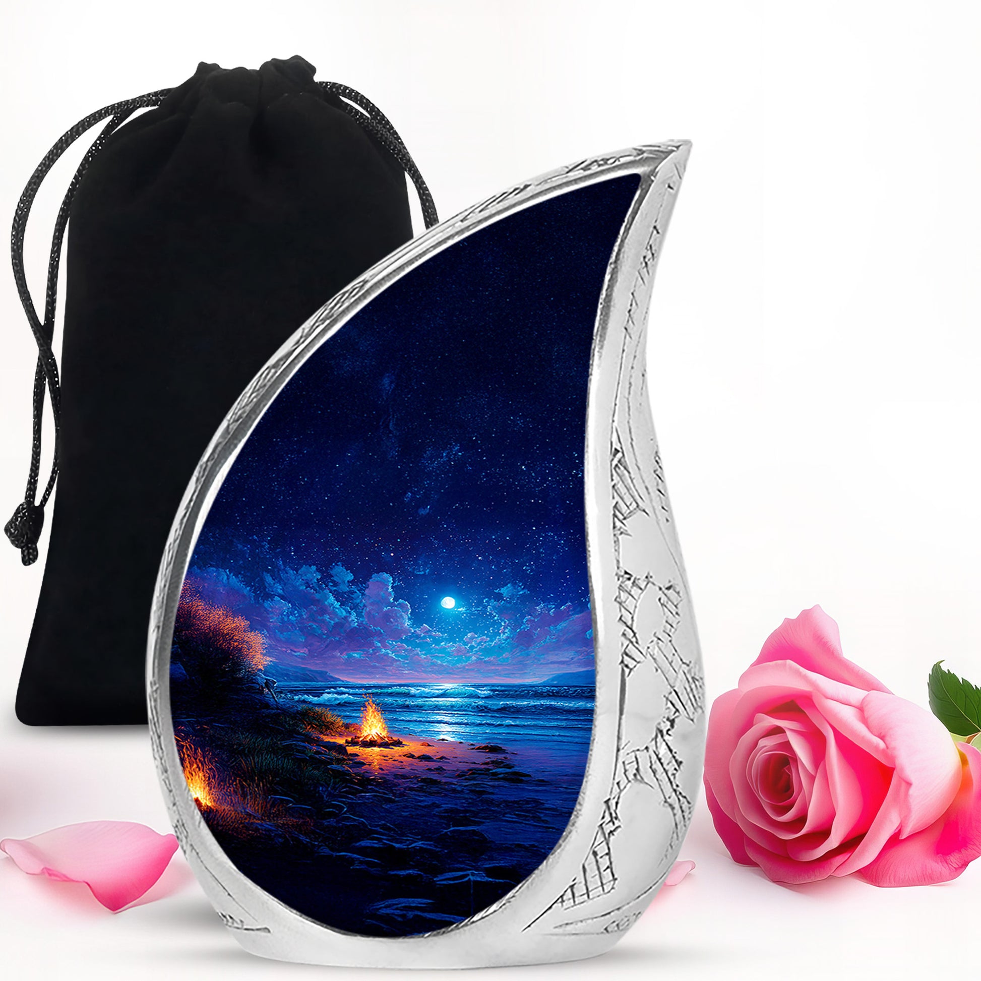 Calming Blue Campfire Cremation Urn front view showing detailed design - graceful tear-shaped urn with campfire motif - full-size 10 inch 200 cubic inch adult cremation urn