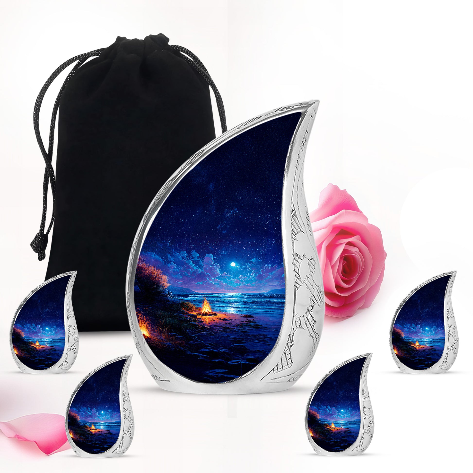 Azure Campfire Cremation Urn side profile showing urn shape - flowing teardrop campfire silhouette on curved aluminum - memorial set with one large and four small urns