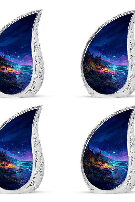 Icy Blue Campfire Cremation Urn close-up of engraving and surface detail - rounded teardrop campfire design with delicate detail - 10 inch aluminum urn for cremated remains
