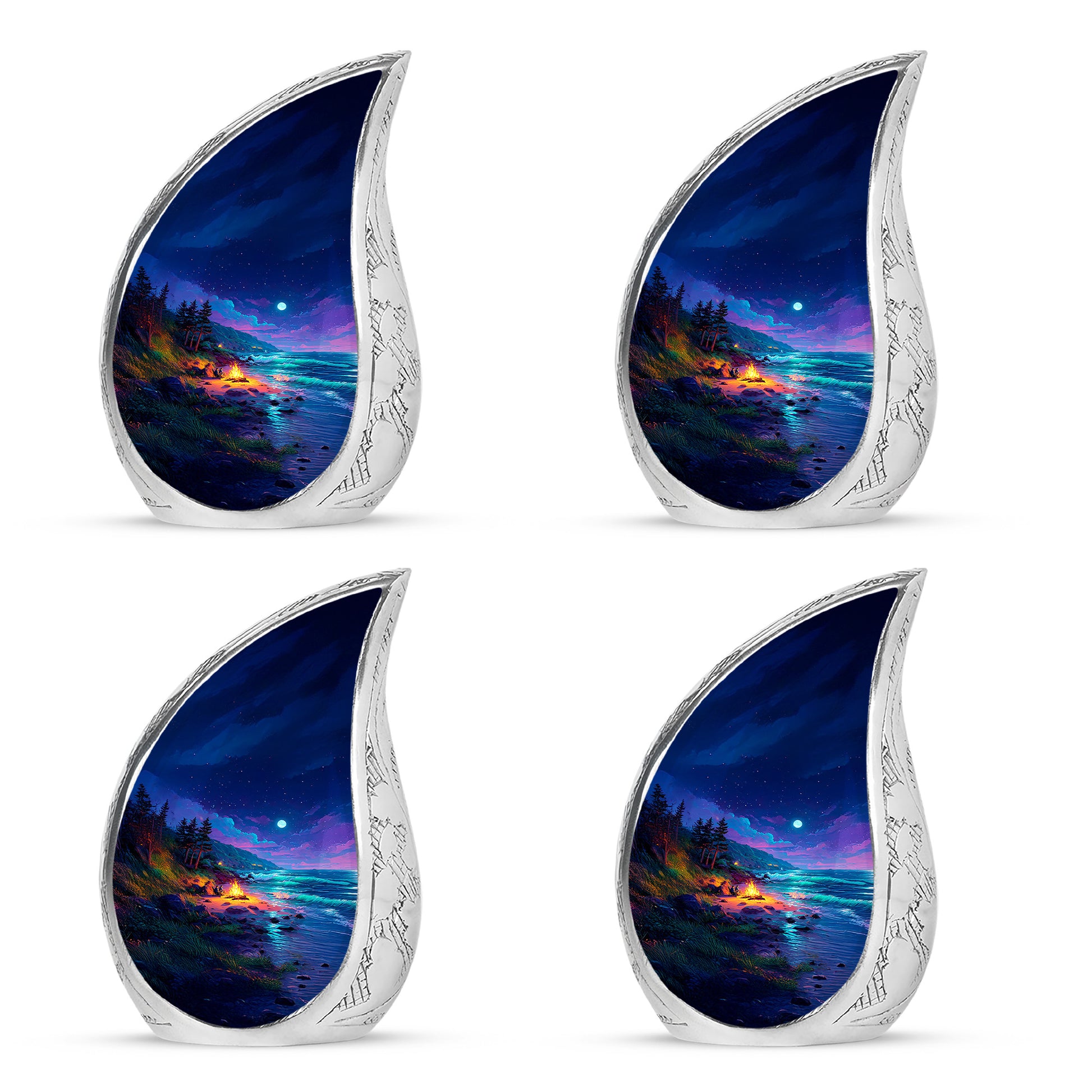 Icy Blue Campfire Cremation Urn close-up of engraving and surface detail - rounded teardrop campfire design with delicate detail - 10 inch aluminum urn for cremated remains