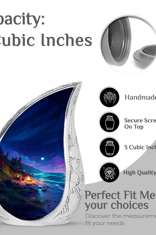 Bright Blue Campfire Cremation Urn angled view of lid and engraved motif - graceful tear-shaped urn with campfire motif - mini keepsake memorial for portion of cremation ashes