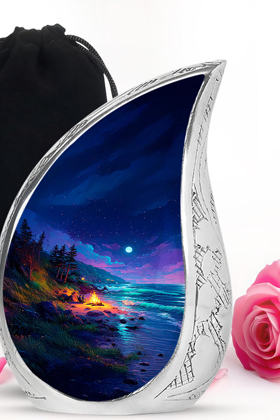 Sky Blue Campfire Cremation Urn front view showing detailed design - rounded teardrop campfire design with delicate detail - full-size 10 inch 200 cubic inch adult cremation urn