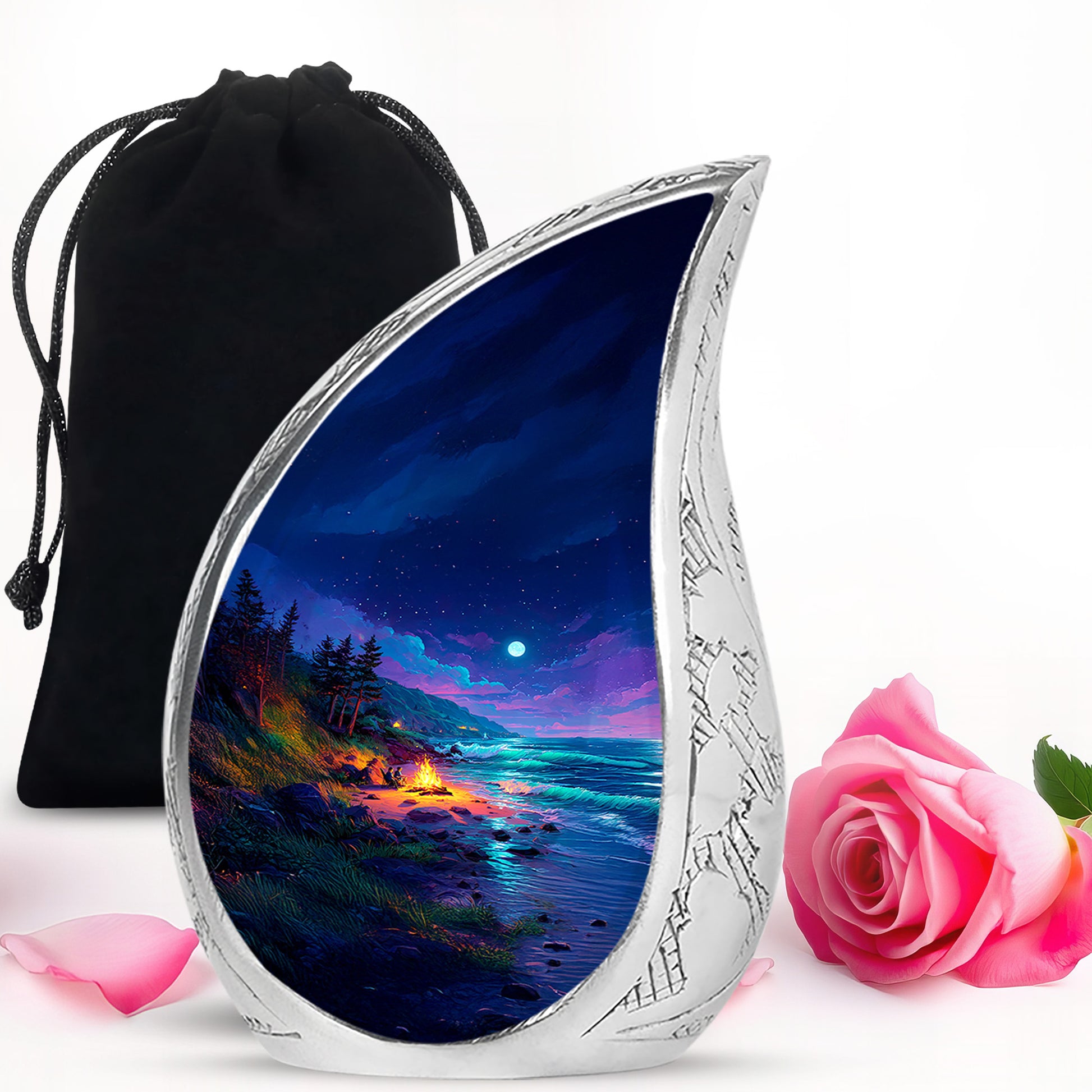 Sky Blue Campfire Cremation Urn front view showing detailed design - rounded teardrop campfire design with delicate detail - full-size 10 inch 200 cubic inch adult cremation urn
