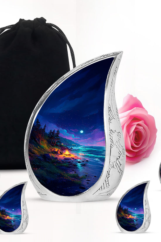 Vivid Blue Campfire Cremation Urn side profile showing urn shape - graceful tear-shaped urn with campfire motif - memorial set with one large and four small urns