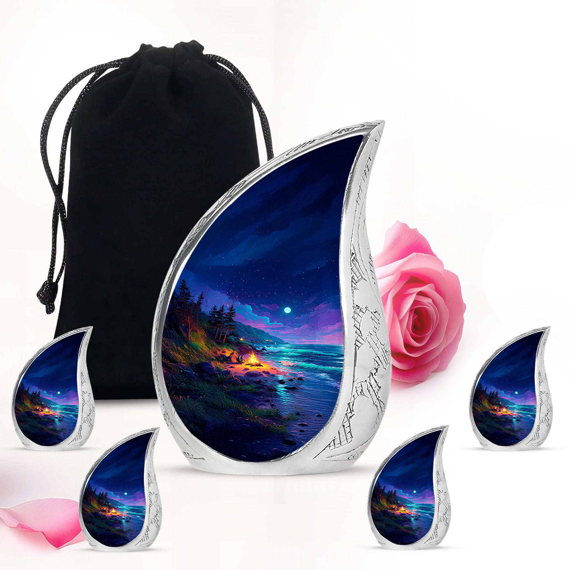 Vivid Blue Campfire Cremation Urn side profile showing urn shape - graceful tear-shaped urn with campfire motif - memorial set with one large and four small urns