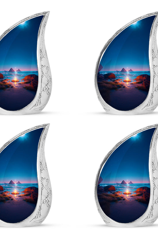 Sky Blue Campfire Cremation Urn close-up of engraving and surface detail - rounded teardrop campfire design with delicate detail - 10 inch aluminum urn for cremated remains